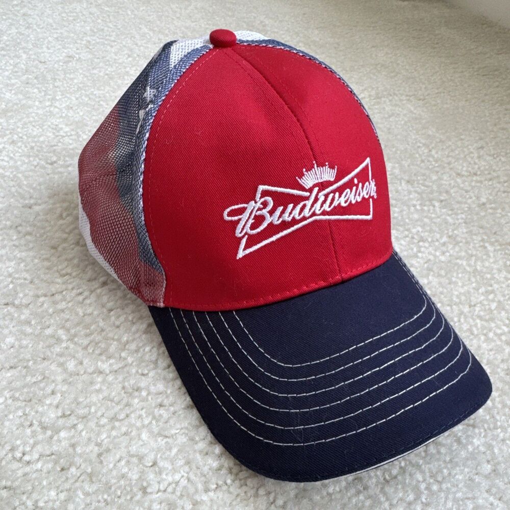 Budweiser Beer Hat Cap USA Flag Snapback Trucker Hat K-Products Red White Blue